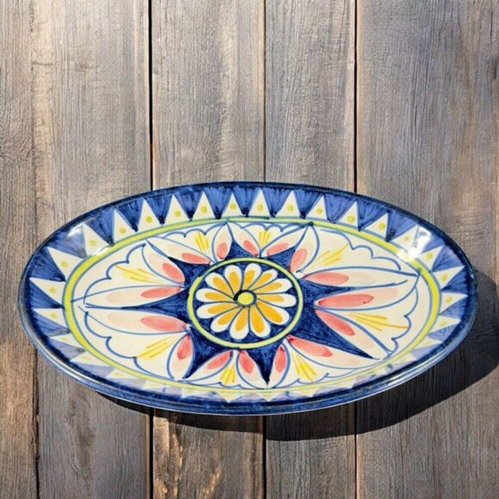 Vintage Italian Folk Art Pottery Stoneware Long Tray Dish Plate‎ Hand Painted